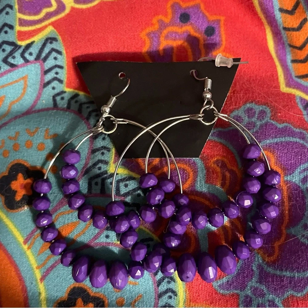 New Handmade Faceted Sterling Silver Purple Bead Bottom 2 Layer Hoop Earrings